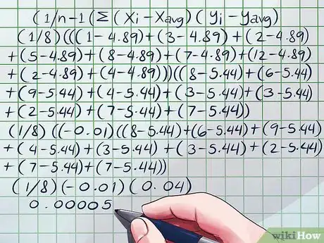 Step 4 将计算出的值代入公式中：1/(n-1)Σ(xi - xavg)(yi - yavg)。