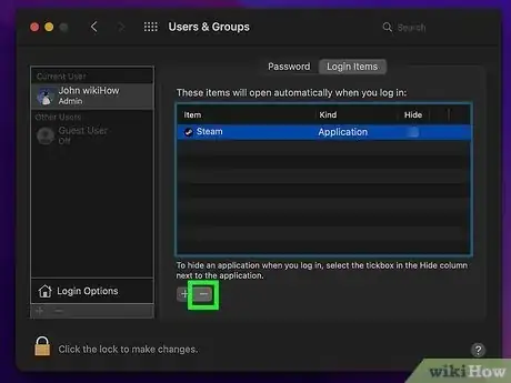 Step 5 点击选中“Steam”，然后点击“登录项”窗口底部的-，将Steam从列表中移除。