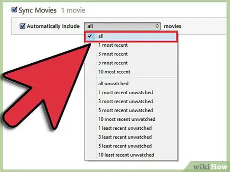 Step 6 使用下拉菜单，选择同步影片时是否自动包括全部影片、最近几个、所有未观看的影片。