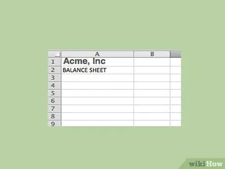 Step 1 标题的第一行应该写上公司的名称（例如“Acme, Inc.”)，第二行标明“资产负债表”。