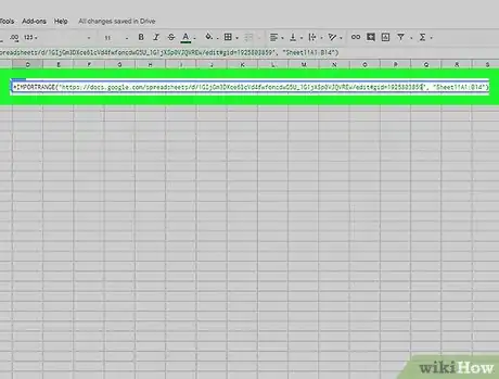 Step 6 在单元格中输入以下公式： =IMPORTRANGE("spreadsheetURL", "Sheet1!A1:B14")