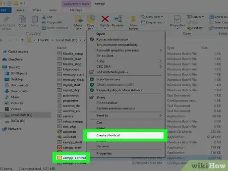 Step 7 右击xampp-control.exe，并选择创建快捷方式。