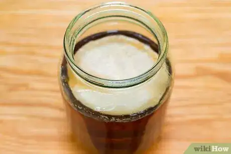 Step 3 轻轻地把培养物放进茶里，把广口瓶的口用布盖起来，并用橡皮筋扎紧。