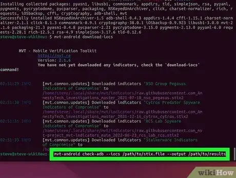 Step 10 运行mvt-android check-adb  --iocs /path/to/stix.file --output /path/to/results。