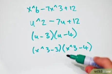 Step 3 把 x再替代回去，得到 x6 - 7x3 + 12 = (x3 - 3)(x3 - 4)，如果可能，或者需要的话，继续因式分解。