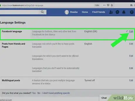 Step 5 单击“Facebook上的按钮、标题和其他文字在这台设备上使用的语言”旁的编辑。