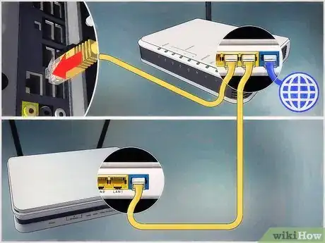 Step 2 用一根网线将路由器1的一个LAN端口与电脑的Ethernet端口连接起来。