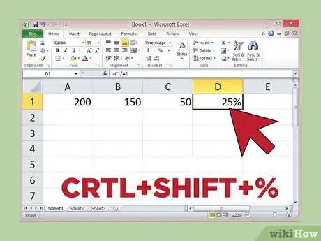 Step 5 光标选中D1单元格，按住“CRTL+SHIFT+%”。