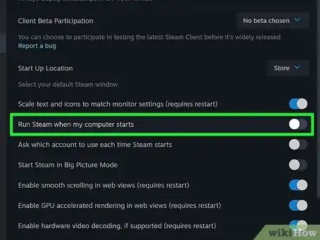 Step 5 点击“在电脑开机时运行Steam”旁边的方框来禁用它icon，然后点击确认。