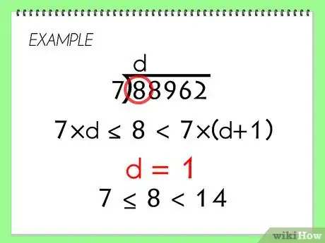 Step 6 注意，如果要让88962 除以 7，步骤很类似：先看88962第一位 (8) ，需要一个7的倍数小等于  8。