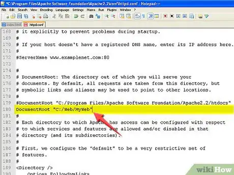 Step 5 在“httpd.conf”文件里，把Apache默认的服务文档改成你网站的根目录。