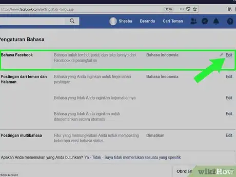 Step 2 单击“Bahasa Facebook”旁的Sunting。