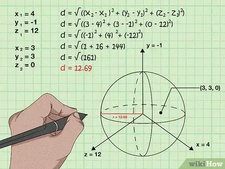 Step 3 使用公式d = √((x2 - x1)2 + (y2 - y1)2 + (z2 - z1)2)来求得半径。