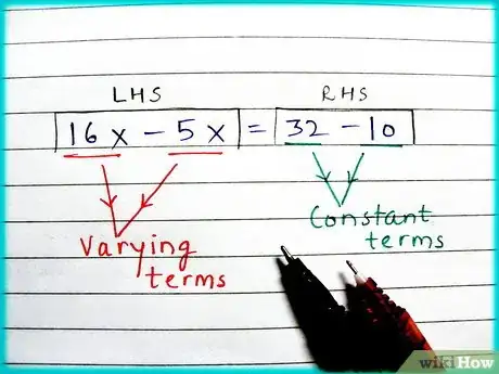 Step 3 将等号两边的数字进行转移，把常量和变量各放一边，比如：16x-5x=32-10。