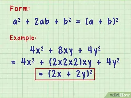 Step 2 如果方程的形式是a2+2ab+b2，那么它的因式分解结果是(a+b)2。