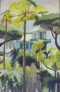 "Main Street, Georgetown" by Leila Locke. Acrylic on canvas stretched over board, 73 x 50cm, painted by Leila Locke c.1968, Guyana.