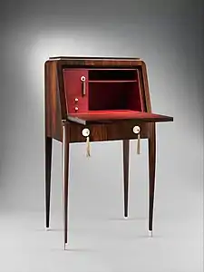 Tibattant Lady's Desk,  Macassar ebony, ivory, leather, aluminum leaf, silver, silk, oak, lumber-core plywood, poplar, mahogany (1923), (Metropolitan Museum of Art)