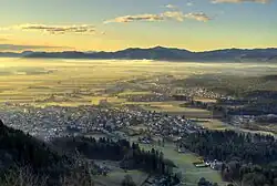 View of Stražišče from Šmarjetna Gora above Kranj, with Spodnje Bitnje in the background