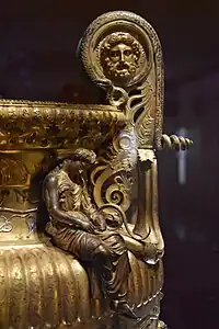 Ancient Greek medallion on a handle of the Derveni Krater, c.370 BC, bronze and silver, Archaeological Museum of Thessaloniki, Thessaloniki, Greece