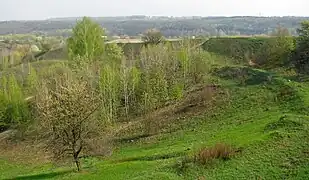 Northeastern edge of the hillfort in 2009 (demolished next year). The rampart and traces of the moat are seen in the background and in the right.