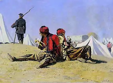 Two Hawks by Vasily Vereshchagin, showing two Bashibazouks held captive by the Bulgarian and Russian army.