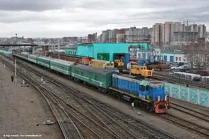 a passenger train arriving at Ulan-Bator station, Mongolia, in 2016