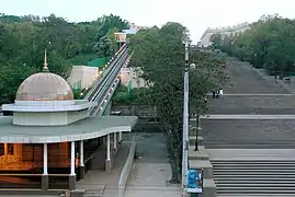 The lower station of the Odesa Funicular, with the Potemkin Stairs on the right