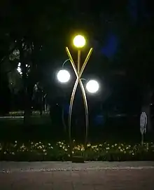 Three lamp globes on a park.