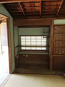 Center, kake-shōji. Right, opaque ajiro (網代: "wickerwork") on a cupboard door.