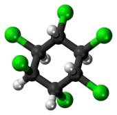 Ball-and-stick model of the alpha-(-)-hexachlorocyclohexane molecule