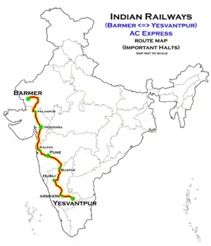 (Barmer - Yesvantpur) AC Express route map