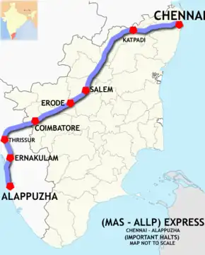 (Chennai–Alleppey) Express route map