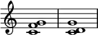 
{
\override Score.TimeSignature #'stencil = ##f
\relative c' {
   \clef treble
   \time 4/4
   \key c \major
   <c f g>1 <c d g>1
} }
