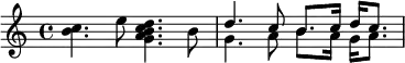  {
    << \clef treble
        \relative c'' {
            \time 4/4
            \stemNeutral <b c>4. e8 <g, a b c d>4. b8
            \stemUp d4. c8 b8. c16 d c8.
        } \\ \relative c'' {
            s1
            g4. a8 b8. a16 g a8.
        }
    >>
}
