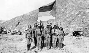 Image 17Soldiers in the Arab Army during the Arab Revolt of 1916–1918, carrying the Flag of the Arab Revolt and pictured in the Arabian Desert. (from History of Saudi Arabia)