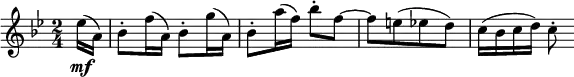 
\relative es'' {
\key bes \major \time 2/4
\partial 8 es16( \mf a,) | bes8-. f'16( a,) bes8-. g'16( a,)
bes8-. a'16( f) bes8-. f~ | f8[ e( es d)] | c16( bes c d) c8-.
} 