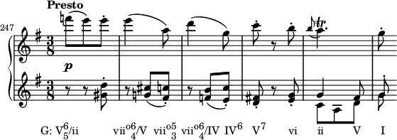  {
      \set Score.proportionalNotationDuration = #(ly:make-moment 1/12)
      \new PianoStaff <<
        \new Staff <<
            \relative c''' {
                \set Score.currentBarNumber = #247
                \bar ""
                \tempo "Presto"
                \key g \major \time 3/8
                \override DynamicLineSpanner.staff-padding = #2
                f8(\p e) e-.
                e4( a,8)
                d4( g,8)
                c8-. r b-.
                \grace { b8( } a4.)\trill
                g8-.
                }
            >>
        \new Staff <<
            \new Voice \relative c'' {
                \key g \major \time 3/8
                r8_\markup { \concat { \translate #'(-5 . 0) { "G: V" \combine \raise #1 \small 6 \lower #1 \small 5 "/ii" \hspace #7 "vii" \raise #1 \small "o" \combine \raise #1 \small 6 \lower #1 \small 4 "/V" \hspace #1.2 "vii" \raise #1 \small "o" \combine \raise #1 \small 5 \lower #1 \small 3 \hspace #1 "vii" \raise #1 \small "o" \combine \raise #1 \small 6 \lower #1 \small 4 "/IV" \hspace #1 "IV" \raise #1 \small "6" \hspace #2 "V" \raise #1 \small "7" \hspace #4.5 "vi" \hspace #4 "ii" \hspace #5.8 "V" \hspace #4 "I" } } }
                r <gis d'>-.
                r <g! cis>( <fis c'>-.)
                r <f b>( <e c'>-.)
                <d fis!>-. r <e g>-.
                \stemUp g4 fis8
                g^.
                }
            \new Voice \relative c' {
                \stemDown
                s4. s s s
                c8 a d g
                }
            >>
    >> }
