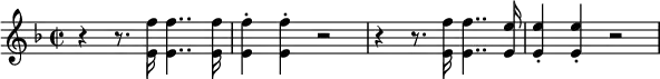 
\relative c' {
 \set Staff.midiInstrument = #"trumpet" \key d \minor \clef treble \time 2/2 \set Score.tempoHideNote = ##t \tempo 2 = 62
      r4 r8. <e f'>16 <e f'>4.. <e f'>16 |
      <e f'>4 -. <e f'>4 -. r2 |
      r4 r8. <e f'>16 <e f'>4.. <e e'>16 |
      <e e'>4 -. <e e'>4 -. r2 |
    }
