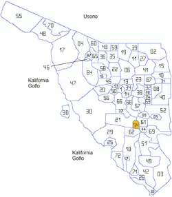 Sonora locator map with San Javier village at 54