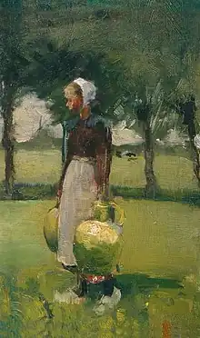 Oil painting of a Dutch girl facing left while holding two large milk jugs at her sides, standing in a field with trees behind her