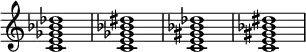 
{
\override Score.TimeSignature #'stencil = ##f
\relative c' {
   \clef treble
   \time 4/4
   \key c \major
   <c e ges bes des>1
   <c e ges bes dis>1
   <c e gis bes des>1
   <c e gis bes dis>1
} }
