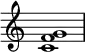 
{
\override Score.TimeSignature #'stencil = ##f
\relative c' {
   \clef treble
   \time 4/4
   \key c \major
   <c f g>1
} }
