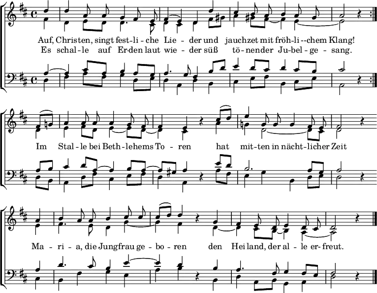 
\header { tagline = ##f }
\layout { indent = 0\cm
  \context { \Score \remove "Bar_number_engraver" }
  \context { \Voice \remove "Dynamic_engraver" }
}
global = {
  \key d \major
  \time 4/4
  \partial 4
}
rightOne = \relative a' { \voiceOne
  \global \autoBeamOff \set Staff.midiInstrument = "church organ"
   { \repeat volta 2 { d4^\ff | d a8 a g4 fis8 e | fis4 (e) d d' | cis b8 a b4 a8 gis | a2 r4 }
 fis8^\mf [(g!)] | a4 a8 a a4 g8 fis | fis4 e r4
 cis'8 [(d)] | e4 g,8 g g4 fis8 e | fis2 r4 \bar "" \break
 a4 | b a8 a b4 cis8 cis | cis [(d8)] d4 r4
 \tempo 4 = 102 g,^\ff | fis e8 d e4 d8 cis | d2 r4 \bar  "|." }
}
words = \lyricmode {
Auf, Chris -- ten, singt fest -- li -- che Lie -- der
und jauch -- zet mit fröh -- li --chem Klang!
Im Stal -- le bei Beth -- le -- hems To -- ren
hat mit -- ten in nächt -- li -- cher Zeit
Ma -- ri -- a, die Jung -- frau ge -- bo -- ren
den Hei -- land, der al -- le er- freut. }
repeated = \lyricmode {
Es schal -- le auf Er -- den laut wie -- der
süß tö -- nen -- der Ju -- bel -- ge -- sang. }
rightTwo = \relative a' { \voiceTwo
  \global % \set Staff.midiInstrument = "church organ"
   { \repeat volta 2 { fis4 | d e8 [d] d4. cis8 | d4 cis d fis8 gis | a4 gis8 fis~ fis4 e~ | e2 r4 }
  d4^\p | e fis8 d e4~ e8 d ~ | d4 cis r4 a' | g! d2~ d8 cis | d2 r4 \bar "" \break
  e | fis4. e8 d4 g~ | g fis r d~^\f | d cis8 b~ b4 a~ | a2 r4 \bar "|." }
}
leftOne = \relative c' { \voiceThree
  \global \set Staff.midiInstrument = "church organ"
  { \repeat volta 2 { a4~ | a4 cis8 a b4 a8 g | a4. g8 fis4 b8 d | e4 d8 cis d4 cis8 b | cis2 r4 }
  a8^\p b | cis4 d8 a~ a4 b8 a~ | a gis a4 r4 e'8 d | b2. a8 g | a2 r4 \bar "" \break
  a4 | d4. cis8 b4 e4~ | e d4 r4 b_\f | a4. fis8 g4 fis8 e | fis2 r4 \bar  "|." }
}
leftTwo = \relative c' { \voiceFour
  \global % \set Staff.midiInstrument = "church organ"
  { \repeat volta 2 { d,4 | fis a8 fis g4 d8 e | d4 a d b | cis e8 fis b,4 cis8 e | a,2 r4 }
  d8\p b | a4 d8 fis cis4 e8 fis | d4 a r a'8 fis | e4 g b, d8 e | d2 r4 \bar "" \break
  cis | b fis' g e | a b r4 b,\f | d a8 b g4 a | d2 r4 \bar  "|." }
}
\score {
  \new ChoirStaff <<
    \new Staff = "right" \with { \consists "Merge_rests_engraver" }
    << { \new Voice = "singer" \rightOne } 
       { \new Voice \rightTwo } >>
    \new Lyrics \lyricsto "singer" \words
    \new Lyrics \lyricsto "singer" \repeated
    \new Staff = "left" \with { \consists "Merge_rests_engraver"
    } { \clef bass << \leftOne \\ \leftTwo >> }
  >>
  \layout { \set Score.tempoHideNote = ##t }
}
\score { \unfoldRepeats
         { << \rightOne \\ \rightTwo \\ \leftOne \\ \leftTwo >> } 
         \midi { \tempo 4=112 }
}
