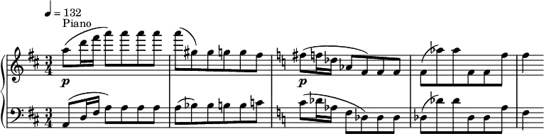 
{  \new PianoStaff << \new Staff \relative c'' { \clef treble \time 3/4 \key d \major \tempo 4 = 132 a'8(\p^"Piano" d16 fis a8) a a a | a( gis,) gis g g fis | \key c \major fis(\p f16 des aes8 f) f f | f( aes') aes f, f f' | f4 }
   \new Staff \relative c' { \clef bass \key d \major \time 3/4 a,8( d16 fis a8) a a a | a( bes) bes b b c | \key c \major c( des16 aes f8 des8) des des | des( des') des des, des a' | f4 } >> }
