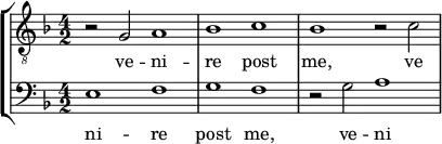 
    { << \new StaffGroup <<
        \new Staff <<
            \set Score.tempoHideNote = ##t \tempo 2 = 66
            \set Staff.midiInstrument = #"voice oohs"
            \clef treble \time 4/2
            \relative c' {
                \clef "treble_8" \time 4/2 \key g \dorian
                r2 g a1 bes c bes r2 c
                }
            \addlyrics { ve -- ni -- re post me, ve -- }
            >>
        \new Staff <<
            \set Staff.midiInstrument = #"voice oohs"
            \clef bass \time 4/2 \key g \dorian
            \new Voice \relative c {
                e1 f g f r2 g a1
                }
            \addlyrics { ni -- re post me, ve -- ni -- }
            >>
    >>
>> }
