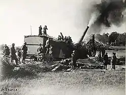 A gun of the 53rd Coastal Artillery, 80th division near Verdun, France.  Four shot were fired at a German rail head 30 km away and aerial observers confirmed four hits.