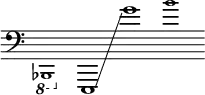 
    {
      \new Staff \with { \remove "Time_signature_engraver" }
      \clef bass \key c \major \cadenzaOn
      \ottava #-1 \tweak font-size #-2 bes,,,1
      \ottava #0 e,,1 \glissando g'1
      \tweak font-size #-2 b'1
    }
  