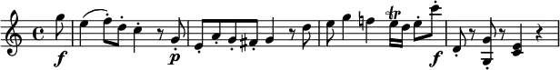 
\relative g'' {
  \key c \major \time 4/4
  \partial 8 g8 \f
  e4( f8-.) d-. c4-. r8 g-. \p
  e8-. a-. g-. fis-. g4 r8 d'
  e8 g4 f! e16 \trill d e8-. c'-. \f
  d,,8-. r <g g,>-. r <e c>4 r
} 