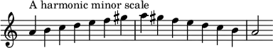  {
\omit Score.TimeSignature \relative c'' {
  \time 7/4 a^"A harmonic minor scale" b c d e f gis a gis f e d c b a2
} }
