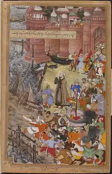 Akbar riding the elephant Hawa'I pursuing another elephant across a collapsing bridge of boats (right), 1561